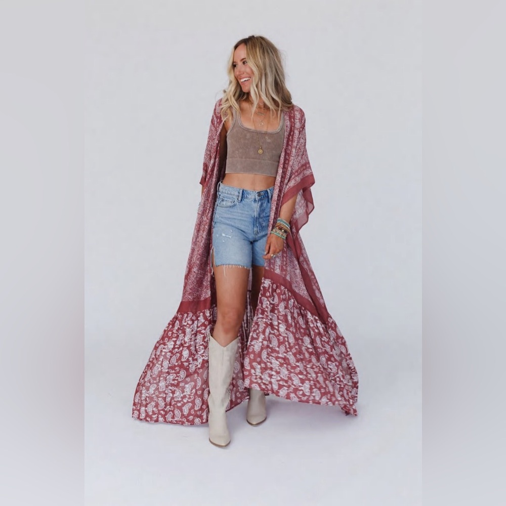 Paisley Tapestry Free Flow Duster Kimono, Wine Red